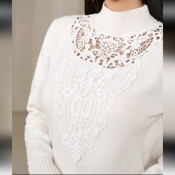 Elegant Solid Color Lace Patchwork Sweater Dress For Women, Autumn/Winter - Picture 2 of 6